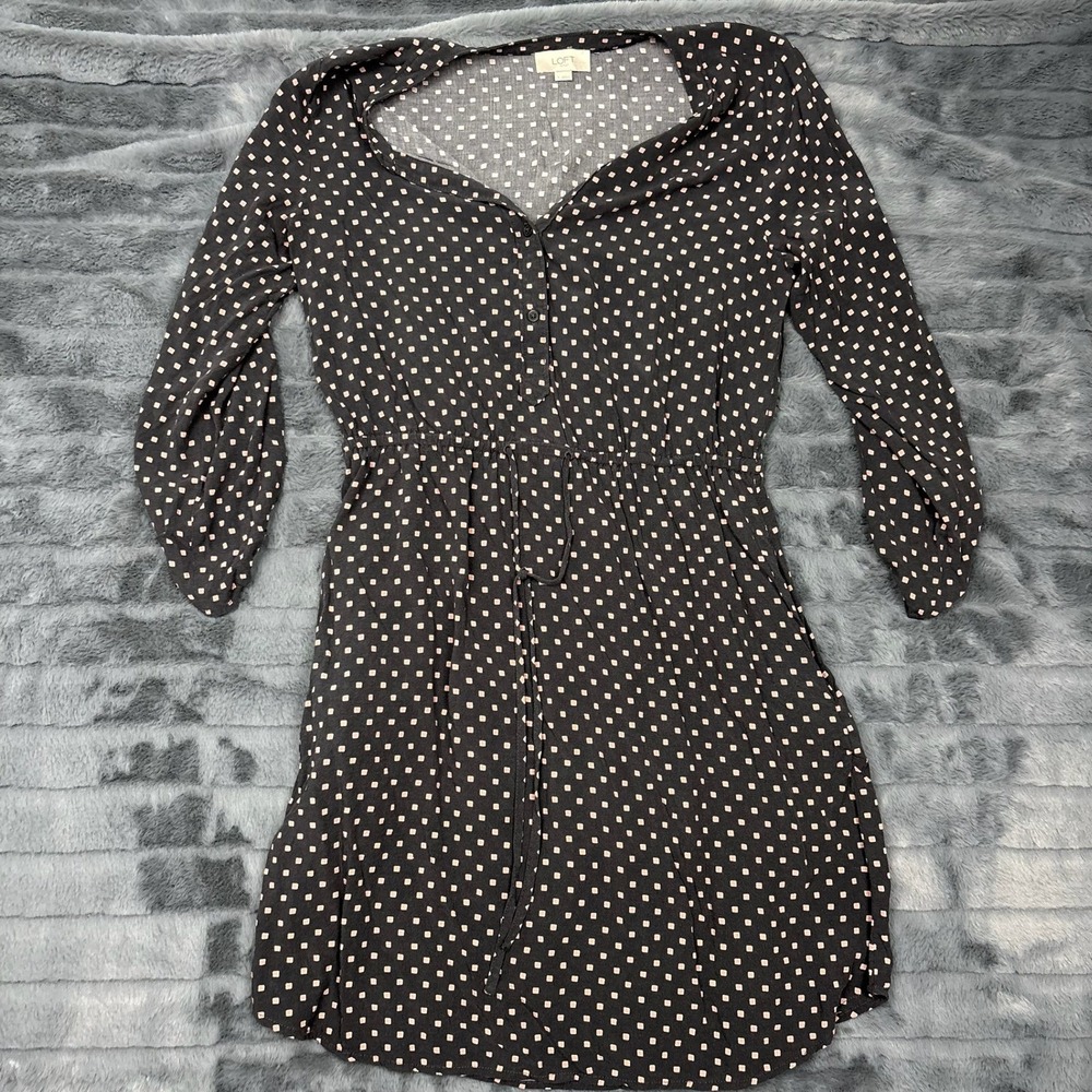 Loft Outlet Womens Black Pink Square Print Button Front Shirt Dress Size S 8233
